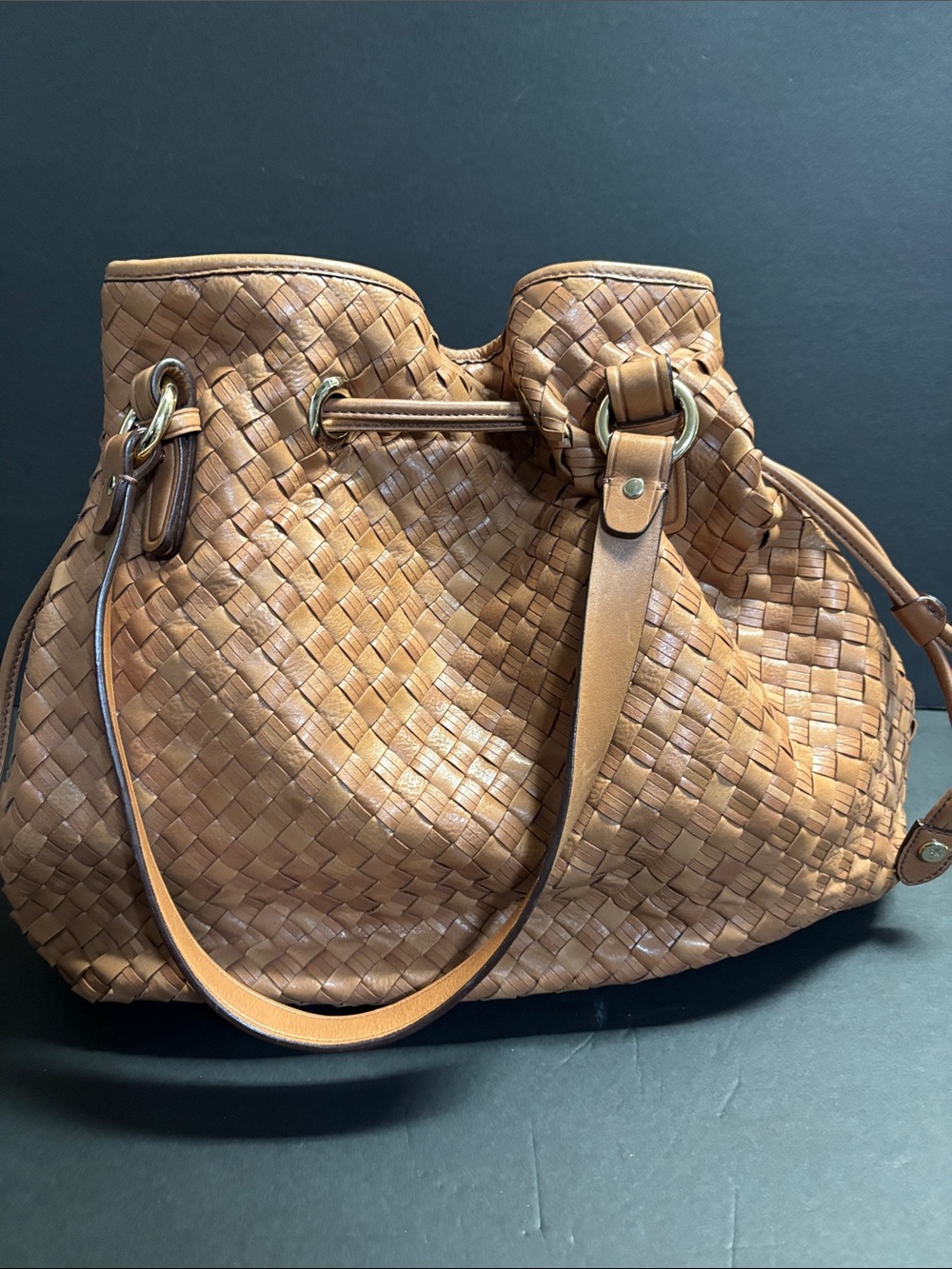 Cole Haan Woven Leather Hobo Bag - Cognac Tan